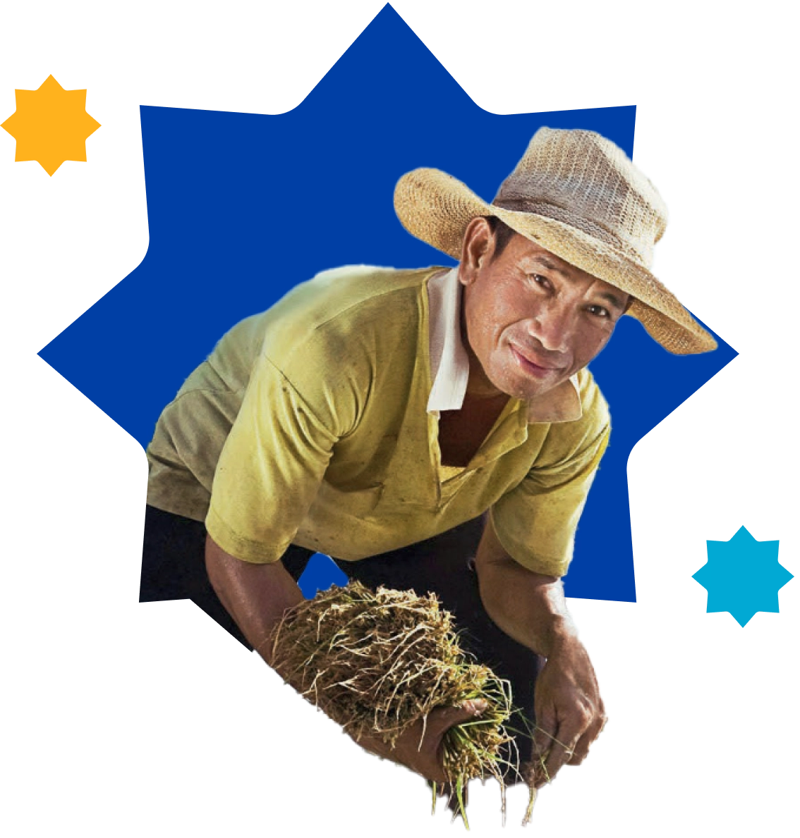 Agricultor con sombrero levantando paja