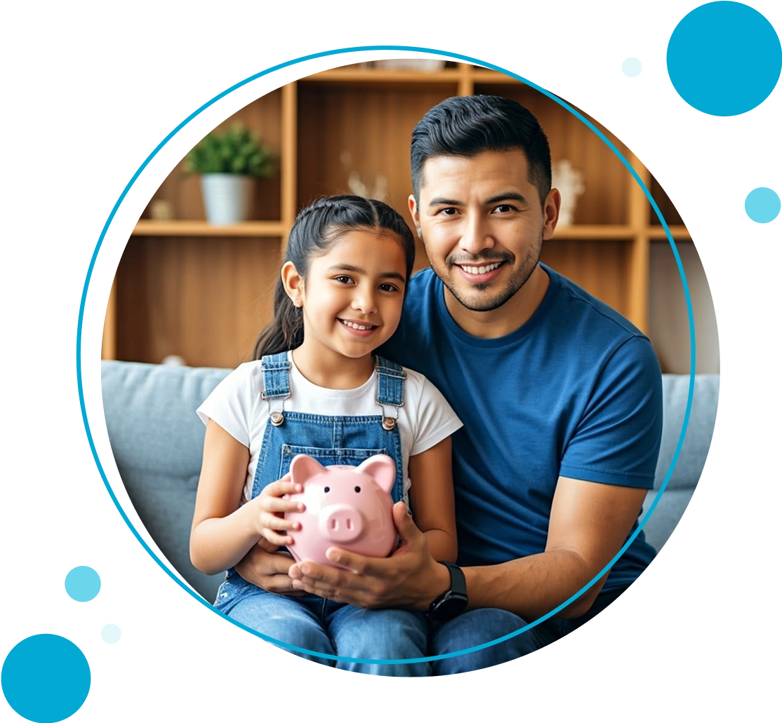 Padre e hija sonriendo mirando a la cámara